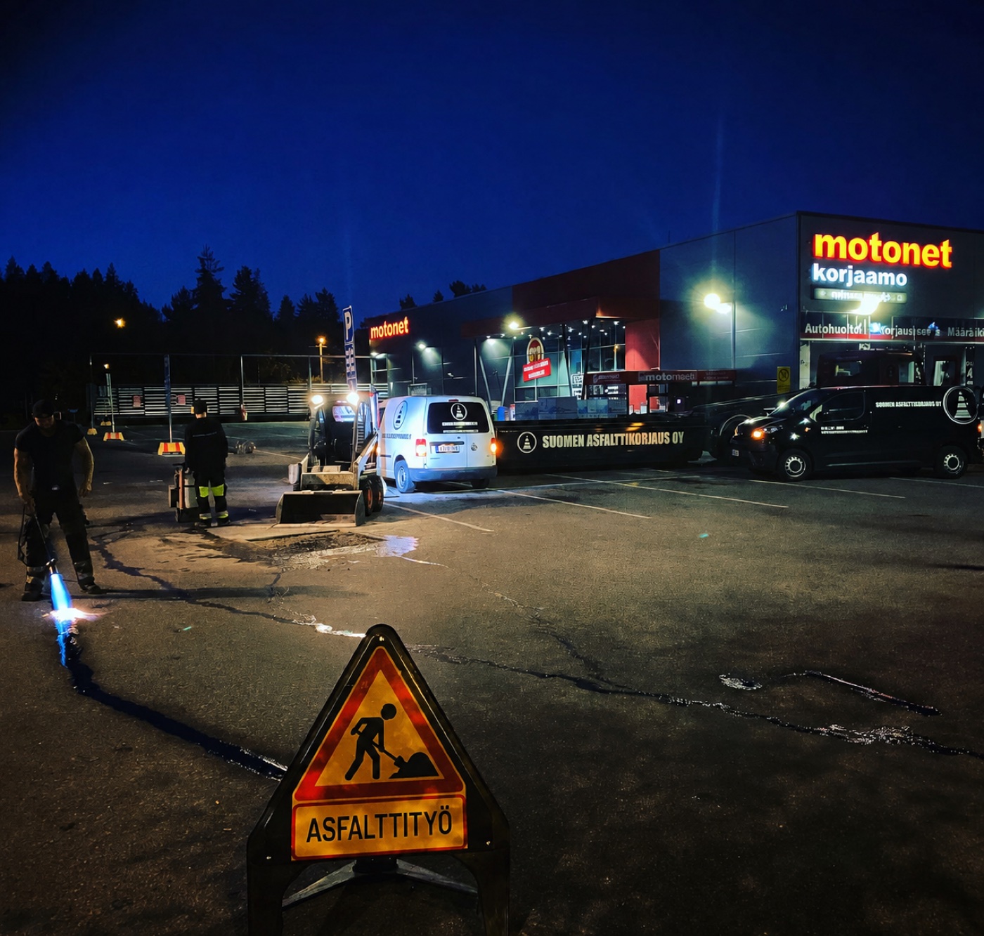 Bitumitöitä Motonetin pysäköintialueella iltatyönä